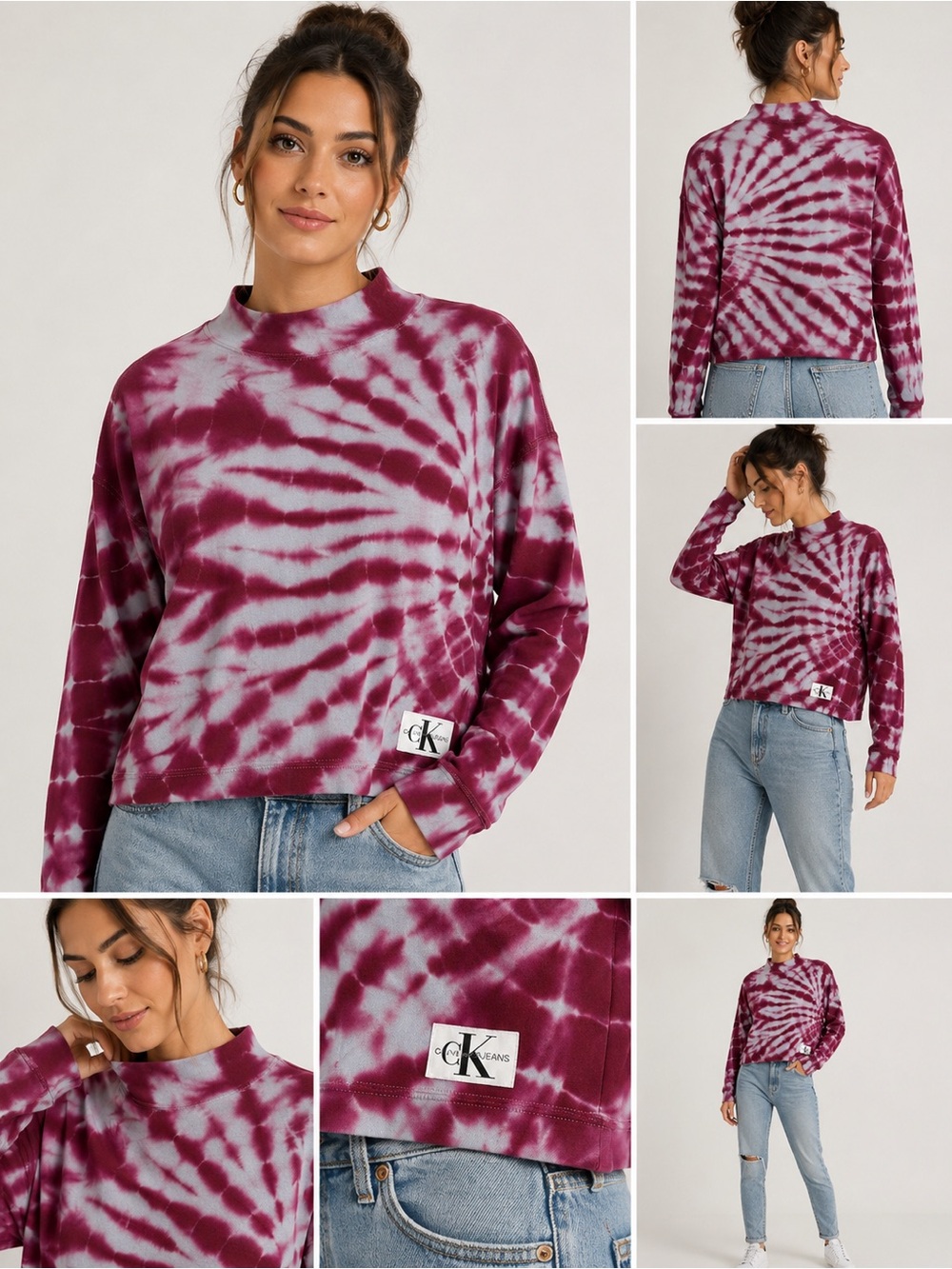Calvin Klein Jeans Tie Dye Mock Neck Sweatshirt Pink Womens NWT - Picture 2 of 16